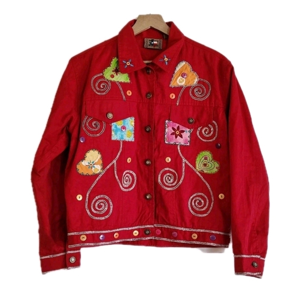 Vintage Applique Patchwork Jacket M Red Whimsical Wearable Art Statement Hearts - Picture 2 of 7